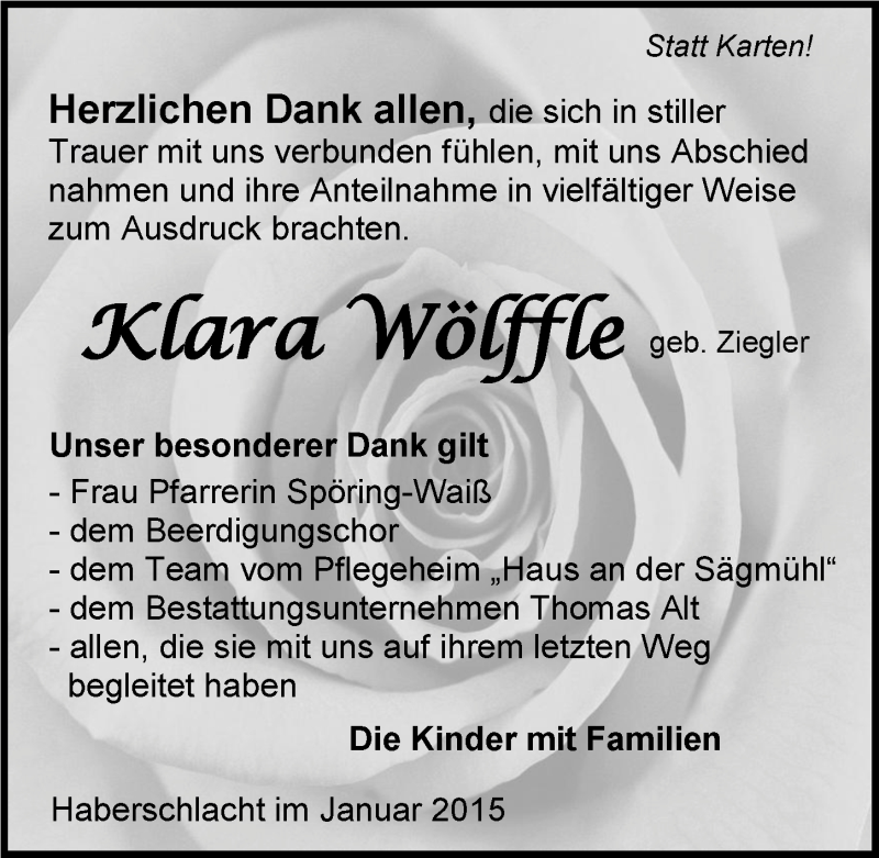  Traueranzeige für Klara Wölffle vom 13.01.2015 aus 