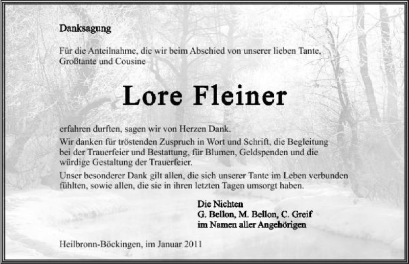  Traueranzeige für Lore Fleiner vom 17.01.2011 aus 