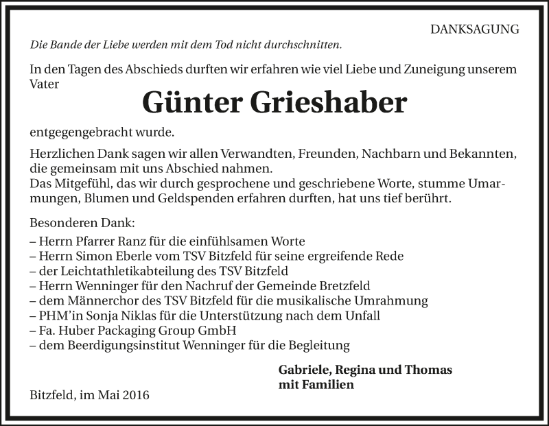  Traueranzeige für Günter Grieshaber vom 06.05.2016 aus 