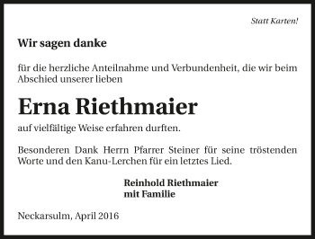 Traueranzeige von Erna Riethmaier 