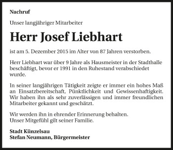 Traueranzeige von Josef Liebhart 