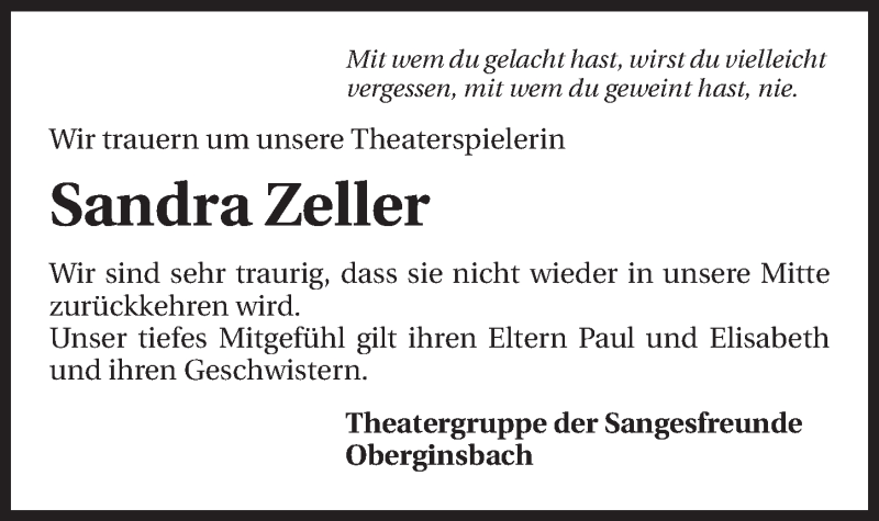  Traueranzeige für Sandra Zeller vom 27.02.2015 aus 
