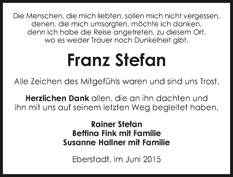 Traueranzeige für Franz Stefan vom 24.06.2015 aus 