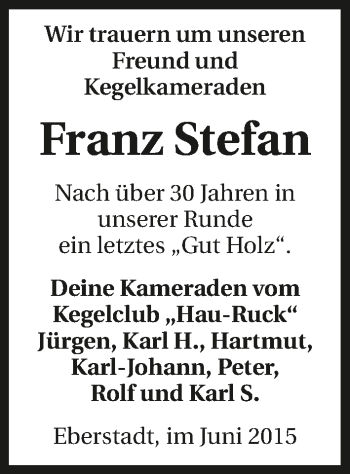 Traueranzeige von Franz Stefan 