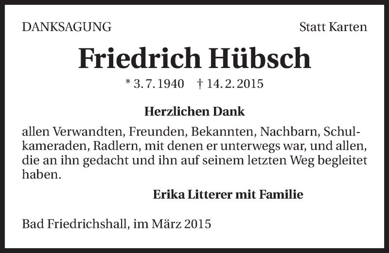  Traueranzeige für Friedrich Hübsch vom 13.03.2015 aus 