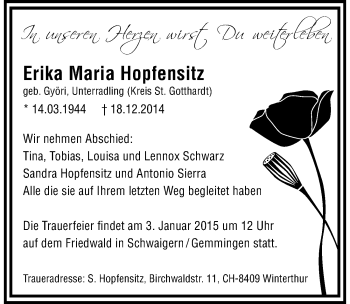 Traueranzeige von Erika Maria Hopfensitz 