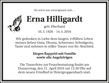 Traueranzeige von Erna Hilligardt 