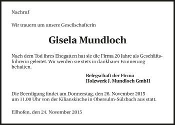 Traueranzeige von Gisela Mundloch 