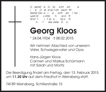 Traueranzeige von Georg Kloos 