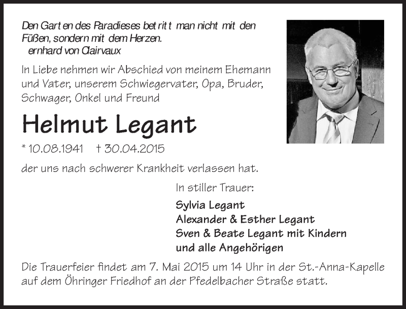  Traueranzeige für Helmut Legant vom 05.05.2015 aus 