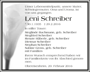 Traueranzeige von Leni Schreiber 