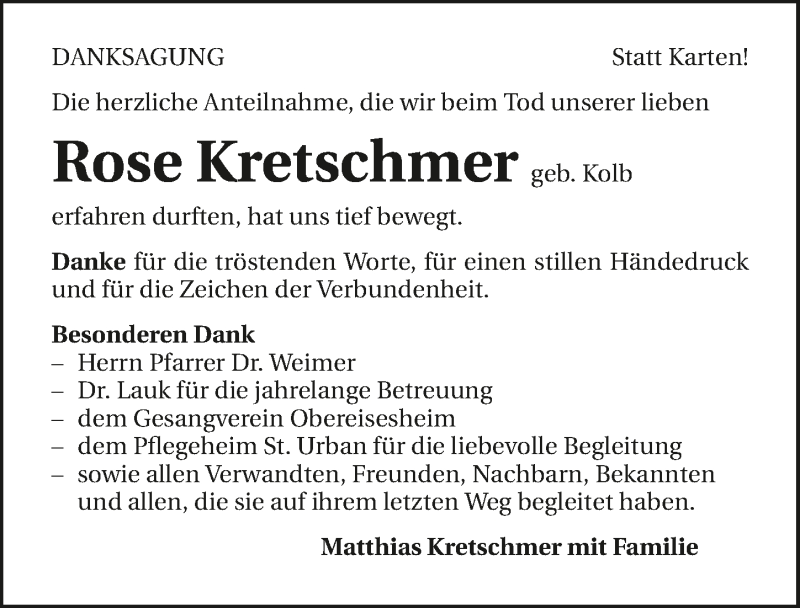  Traueranzeige für Rose Kretschmer vom 19.06.2015 aus 