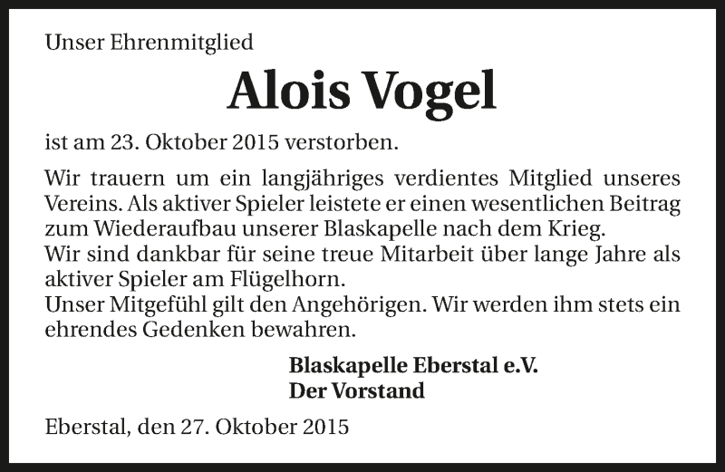  Traueranzeige für Alois Vogel vom 27.10.2015 aus 