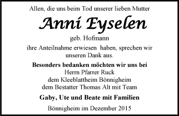 Traueranzeige von Anni Eyselen 
