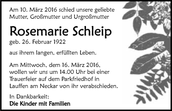 Traueranzeige von Rosemarie Schleip 