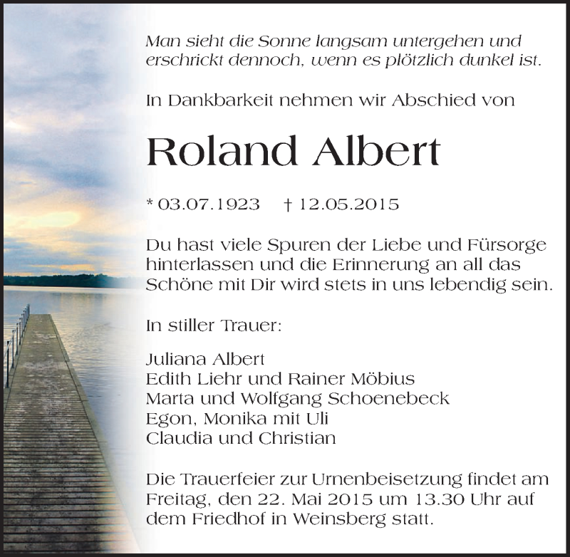  Traueranzeige für Roland Albert vom 20.05.2015 aus 