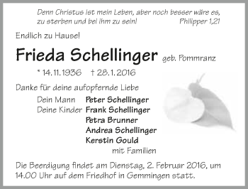 Traueranzeige von Frieda Schellinger 