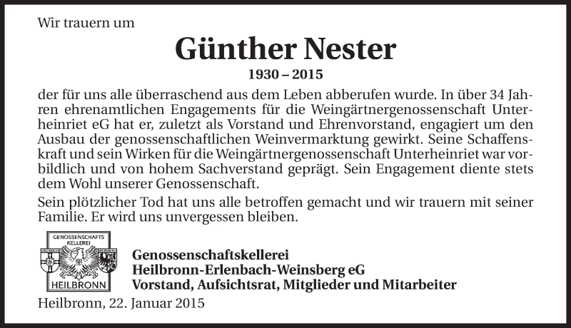  Traueranzeige für Günther Nester vom 22.01.2015 aus 