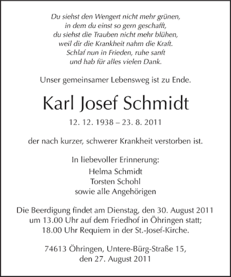  Traueranzeige für Josef Karl Schmidt vom 27.08.2011 aus 