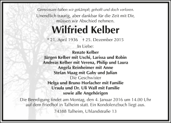 Traueranzeige von Wilfried Kelber 