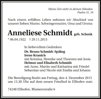 Traueranzeige von Anneliese Schmidt 