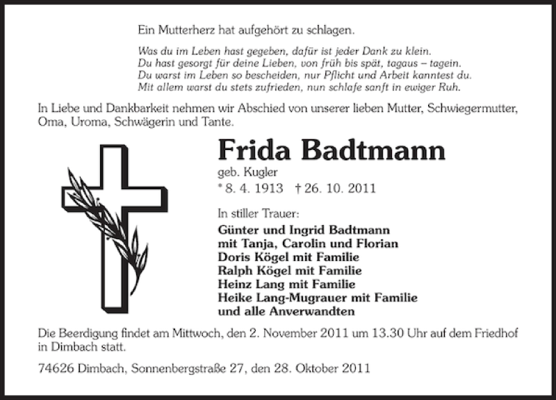  Traueranzeige für Frida geb. Kugler Badtmann vom 31.10.2011 aus 