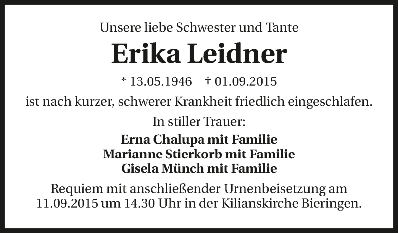  Traueranzeige für Erika Leidner vom 08.09.2015 aus 