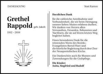Traueranzeige von Grethel Rappold 