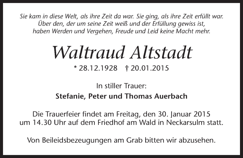  Traueranzeige für Waltraud Altstadt vom 24.01.2015 aus 