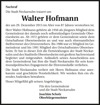 Traueranzeige von Walter Hofmann 