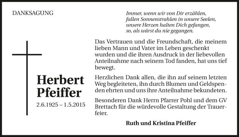  Traueranzeige für Herbert Pfeiffer vom 02.06.2015 aus 