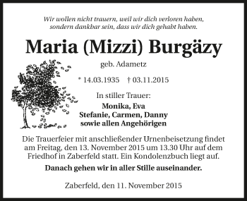 Traueranzeige von Maria Burgäzy 