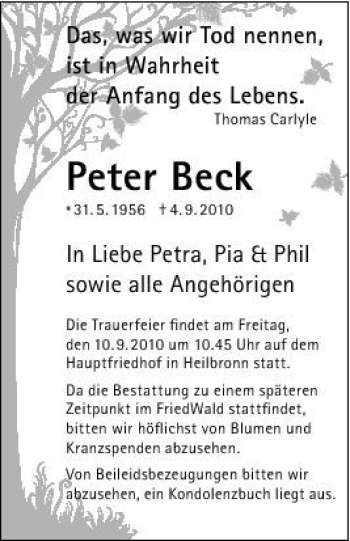 Traueranzeige von Peter Beck 