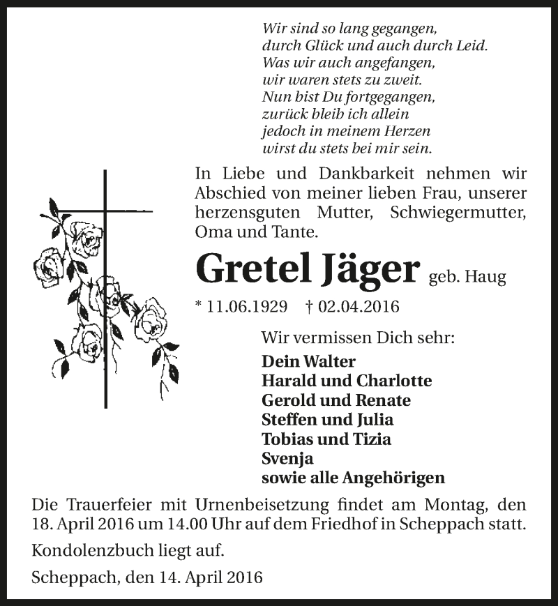  Traueranzeige für Gretel Jäger vom 14.04.2016 aus 
