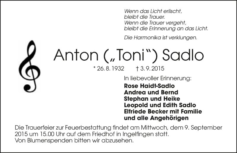  Traueranzeige für Anton Sadlo vom 07.09.2015 aus 