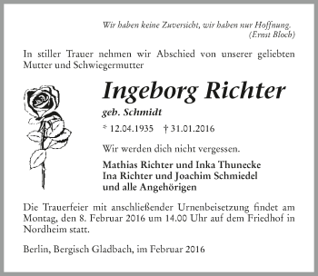 Traueranzeige von Ingeborg Richter 