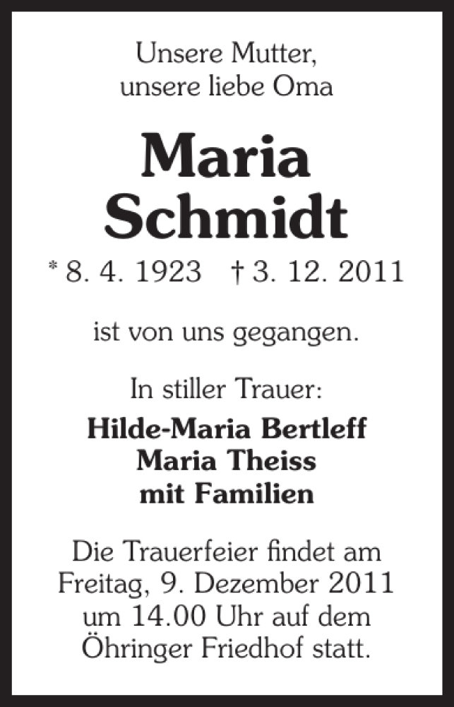  Traueranzeige für Maria Schmidt vom 07.12.2011 aus 