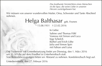 Traueranzeige von Helga Balthasar 