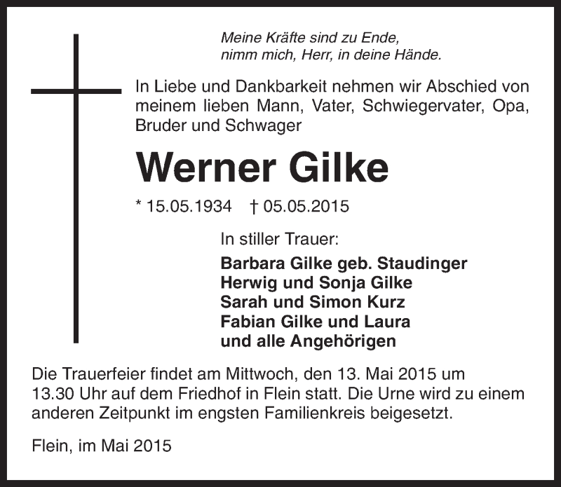  Traueranzeige für Werner Gilke vom 09.05.2015 aus 