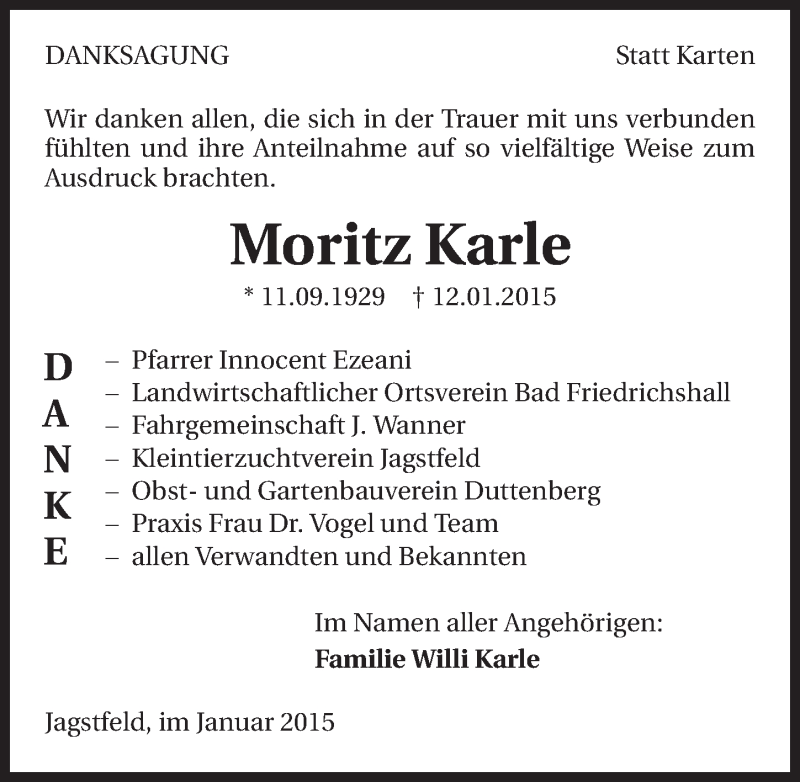  Traueranzeige für Moritz Karle vom 31.01.2015 aus 