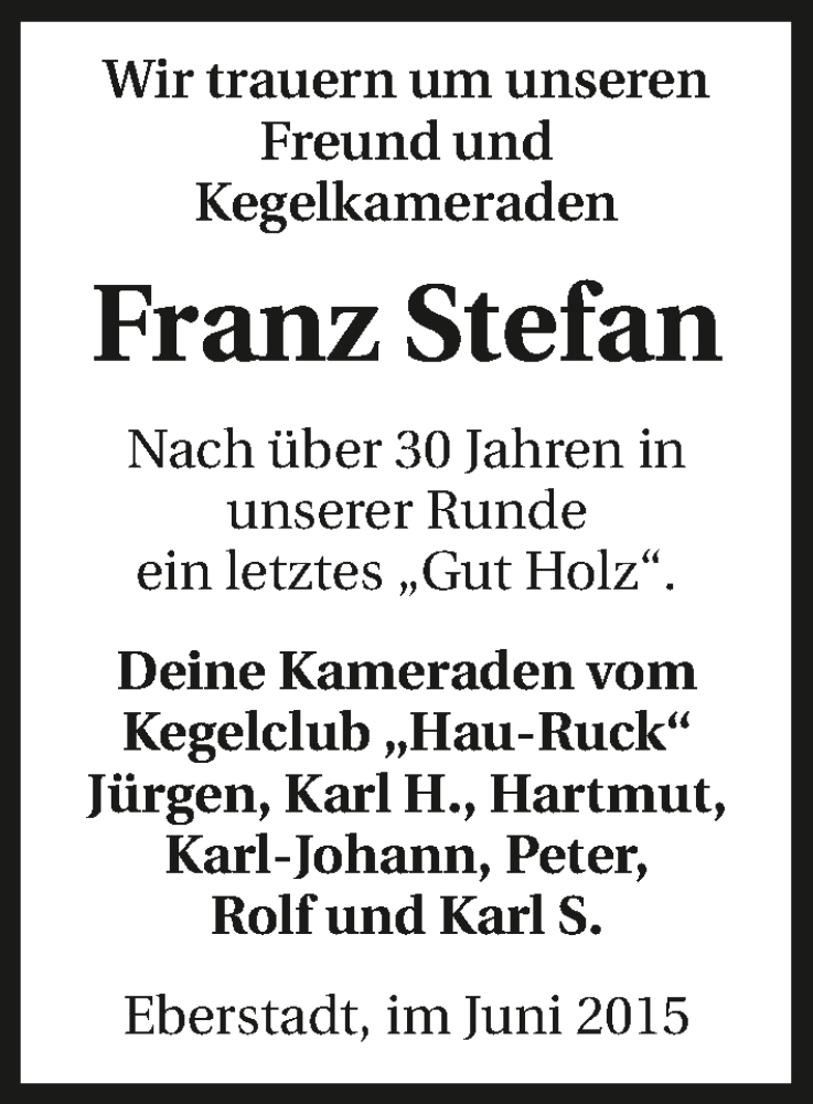  Traueranzeige für Franz Stefan vom 11.06.2015 aus 