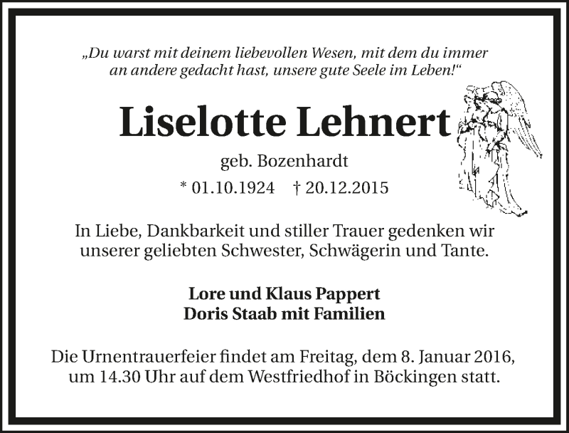  Traueranzeige für Liselotte Lehnert vom 04.01.2016 aus 
