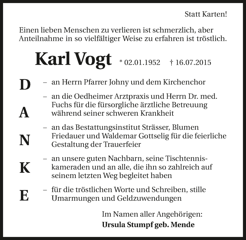  Traueranzeige für Karl Vogt vom 30.07.2015 aus 