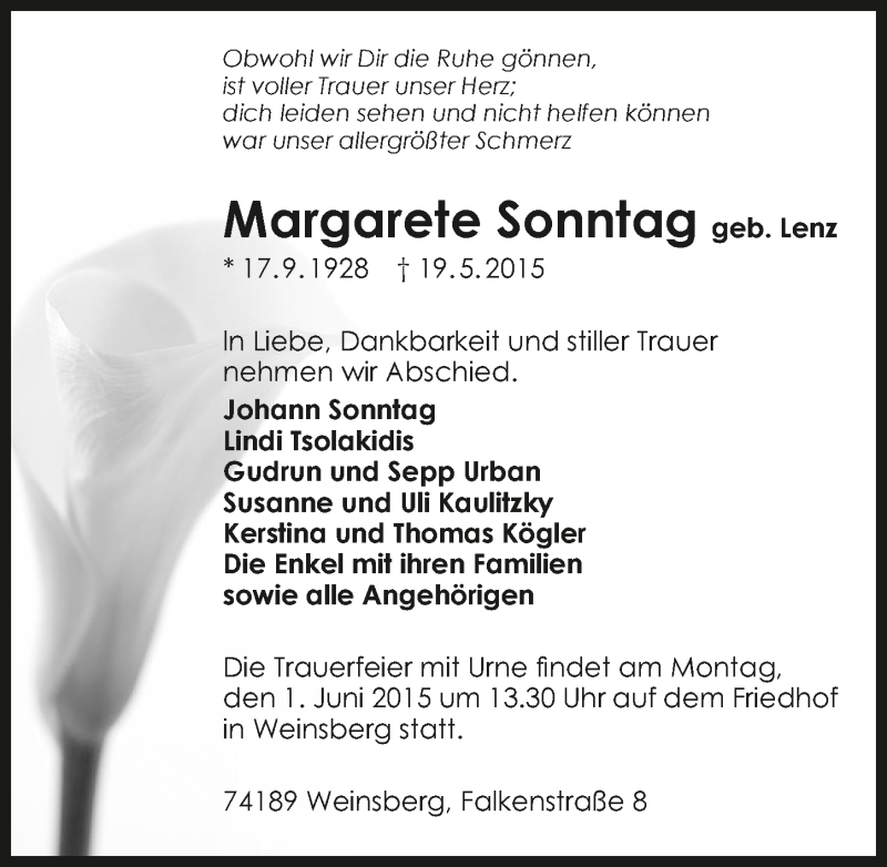  Traueranzeige für Margarete Sonntag vom 27.05.2015 aus 