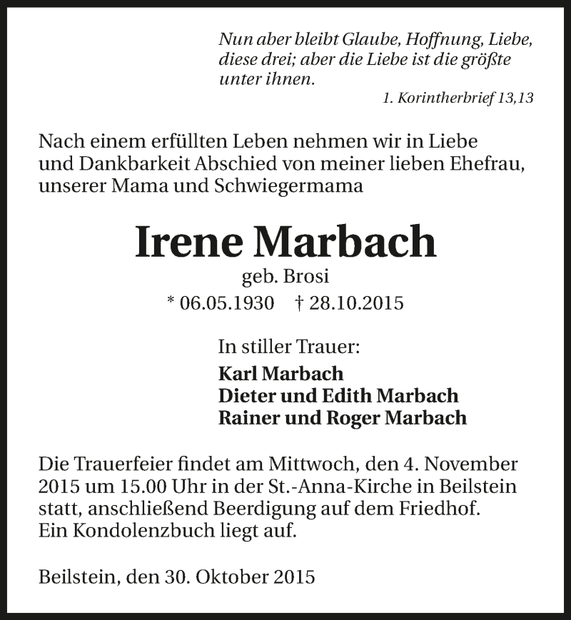  Traueranzeige für Irene Marbach vom 31.10.2015 aus 