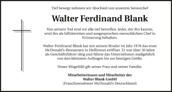 Traueranzeige von Walter Ferdinand Blank 
