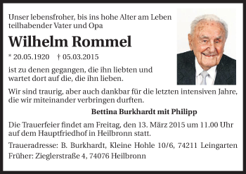 Traueranzeige von Wilhelm Rommel 