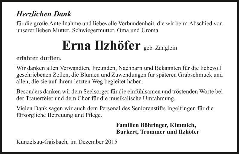  Traueranzeige für Erna Ilzhöfer vom 18.12.2015 aus 