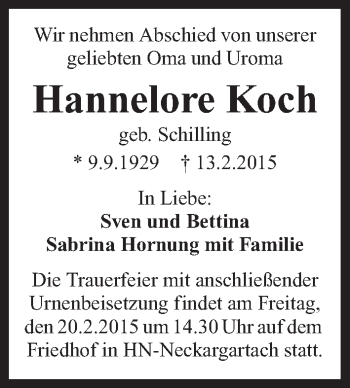 Traueranzeige von Hannelore Koch 
