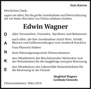 Traueranzeige von Edwin Wagner 